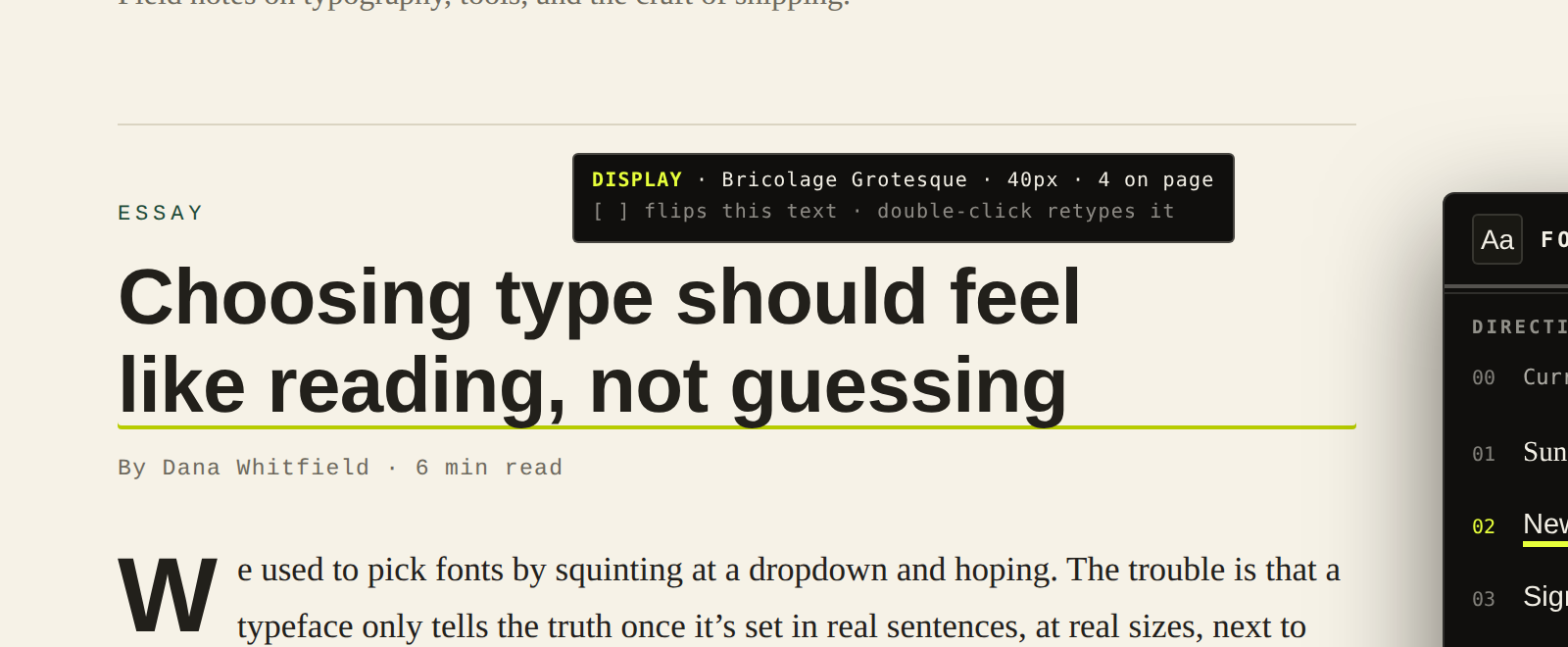 Hovering a headline on the live page: an ink chip reads DISPLAY · Bricolage Grotesque · 40px · 4 on page