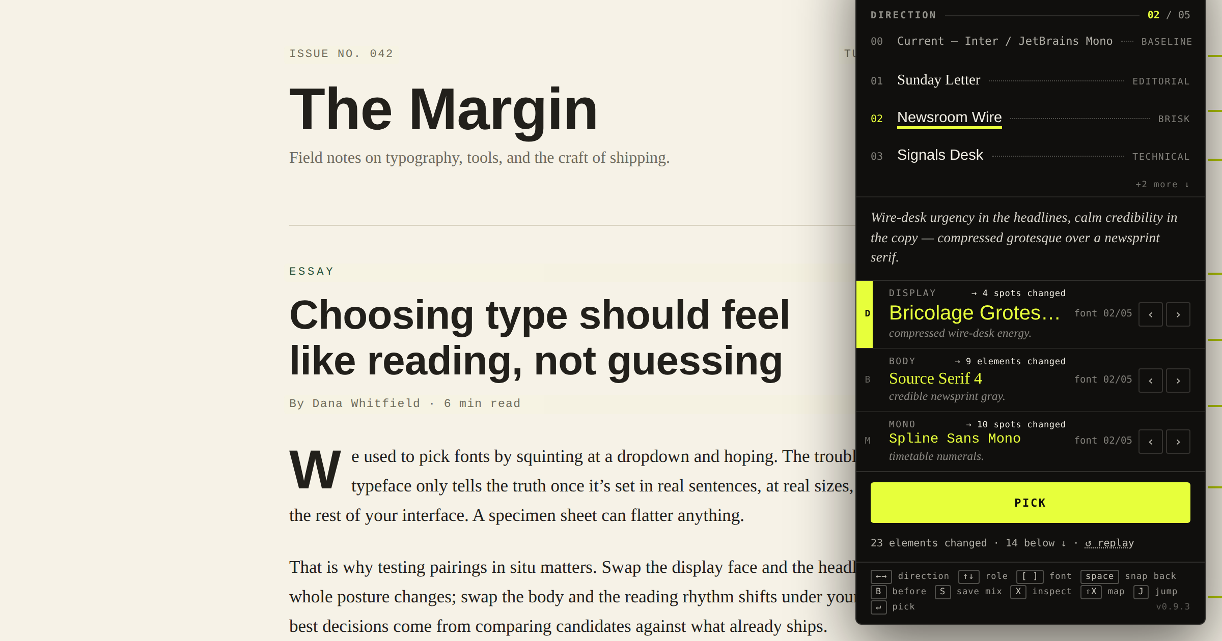 I got sick of every site I build having the same 3 fonts, so I made a panel that swaps them live on  logo