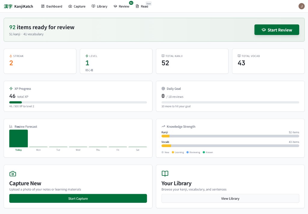 Kanji Katch dashboard showing streak, level, review queue, XP progress, and knowledge strength